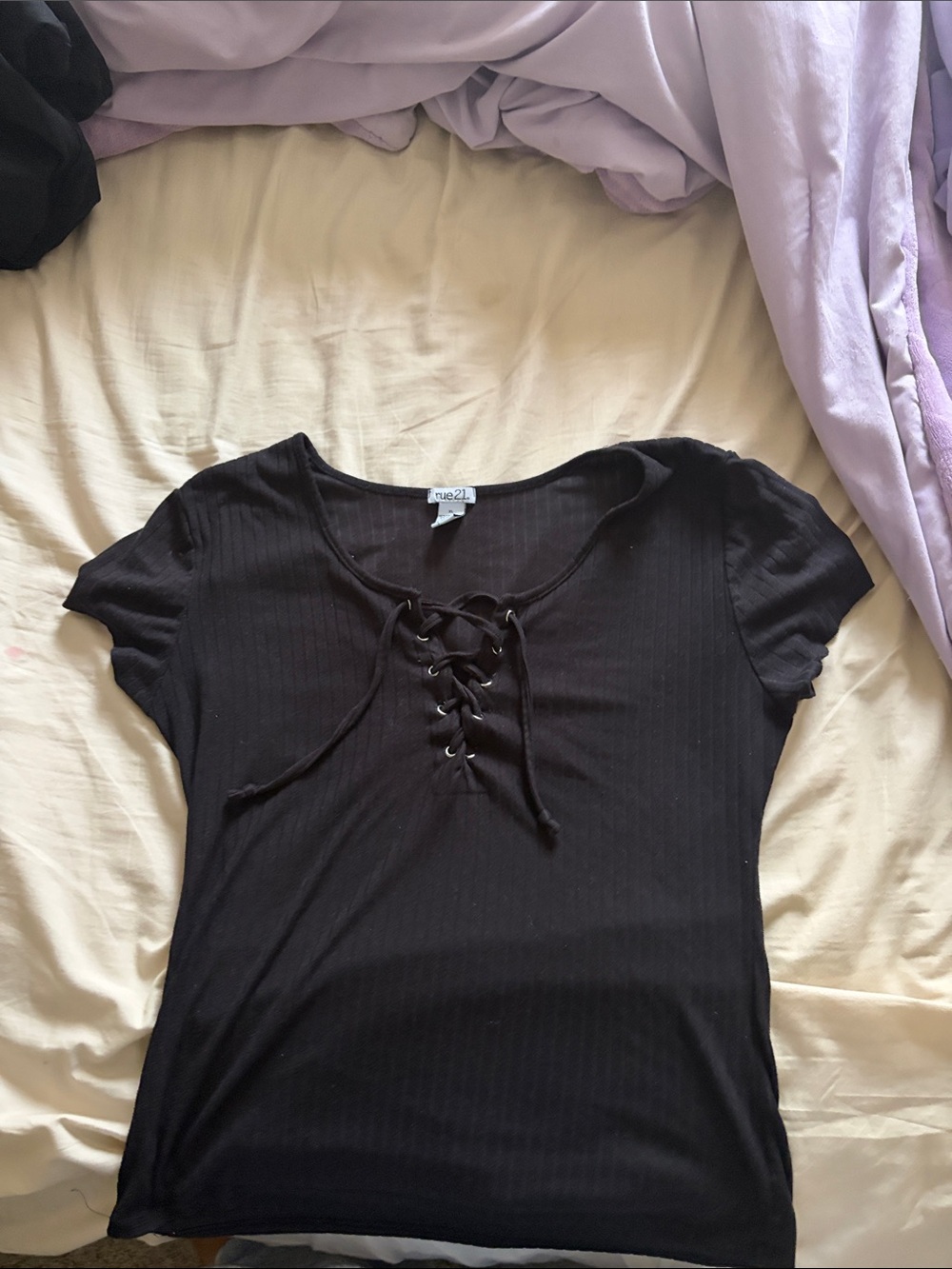 Rue21 Black Ribbed Lace-Up Short Sleeve Top